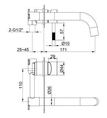 Ravine Two Hole Wall Mounted Basin Mixer - Brushed Brass